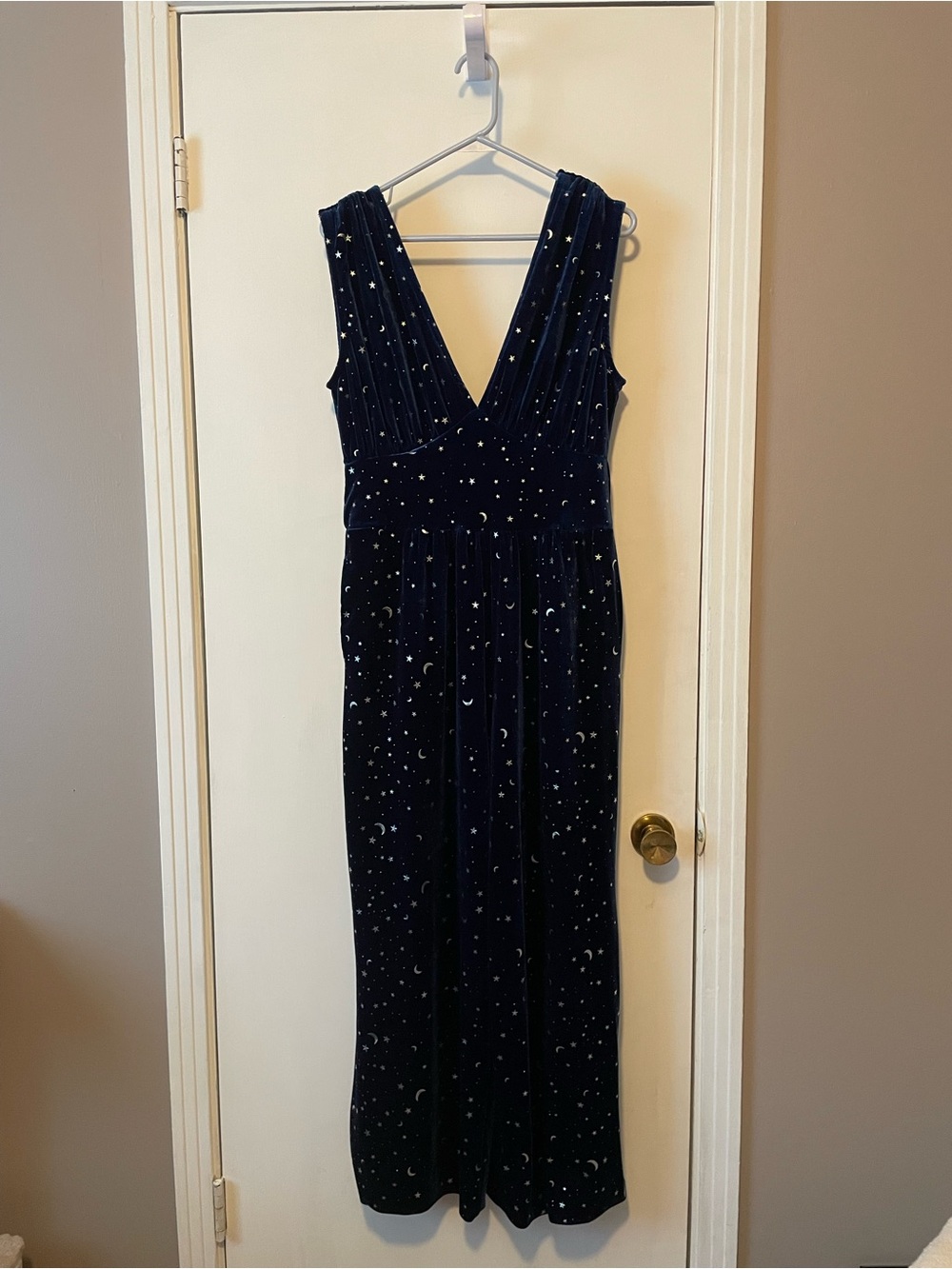 Velvet V-neck Moon Star Ruched Wide Leg Jumpsuit